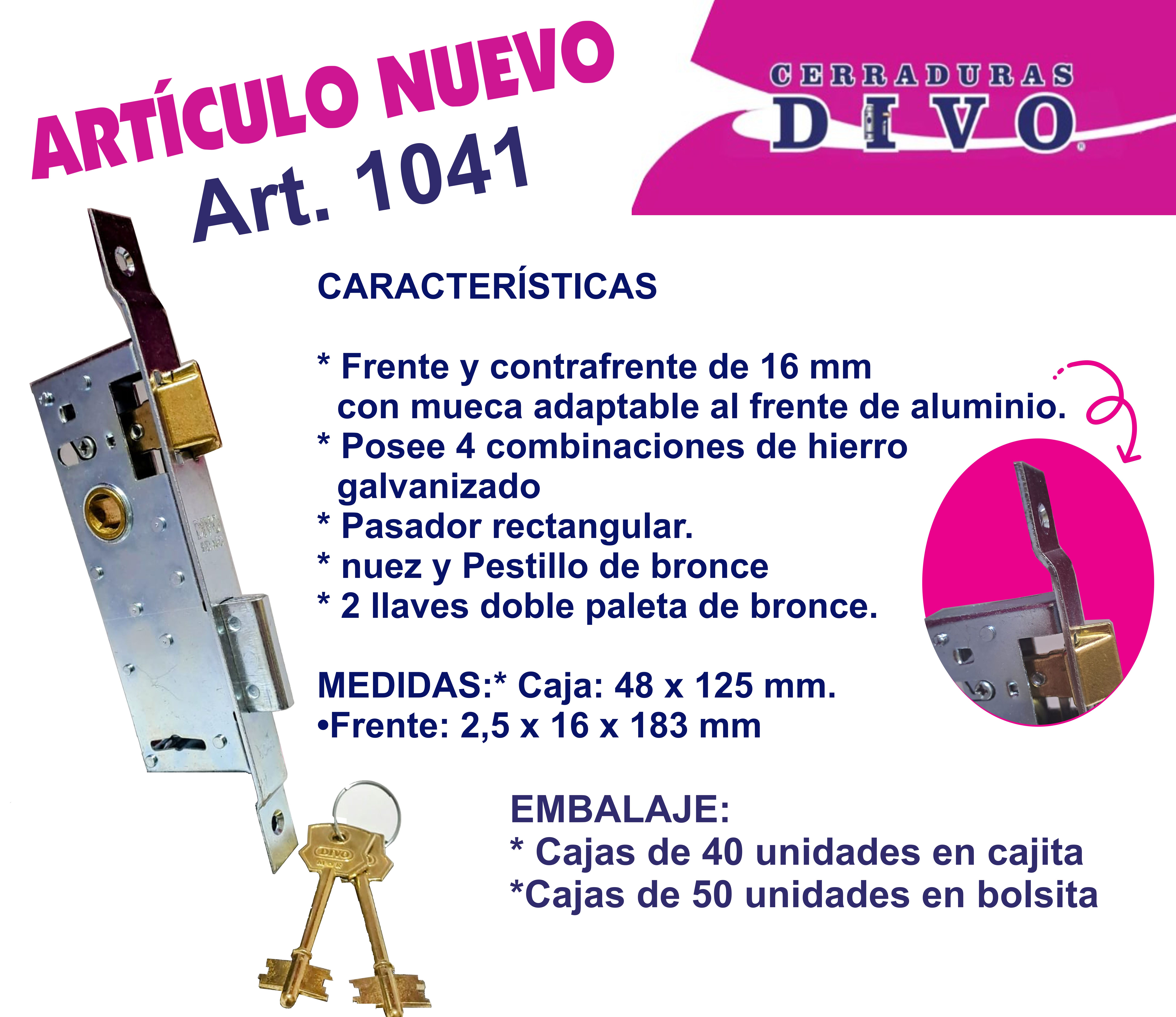 cerradura caja de 40, frente y contra frente de 16mm con mueca adaptable a perfil de aluminio